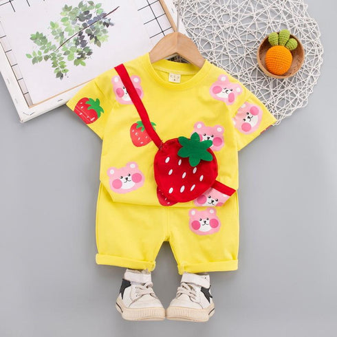 Round neck floral strawberry strap two piece short sleeve suit